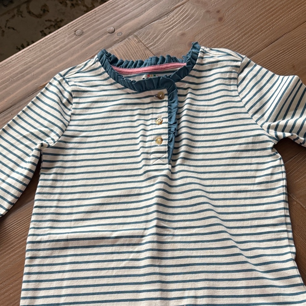 Mini Boden Teal and White Striped Long-Sleeve Top with Ruffle Collar